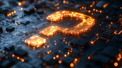 A floating technological computer chip glowing with a futuristic blue light surrounded by digital circuitry symbolizing innovation connectivity and advanced computing in a high-tech environment