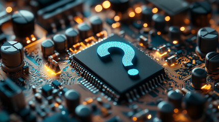 A floating technological computer chip glowing with a futuristic blue light surrounded by digital circuitry symbolizing innovation connectivity and advanced computing in a high-tech environment