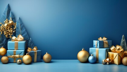 christmas background with gift boxes and balls. red and gold donimation. content poster. billboard. wallpaper. 4k. 8k. full HD. with space to text. perfect to any design project.