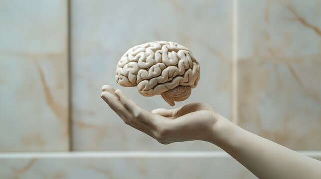 Greco-Roman Statue of a hand holding a brain symbolizing higher thought, learning and intelligence and accessibility to knowledge