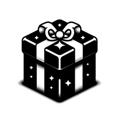 Elegant black-and-white vector of a Christmas gift box with a ribbon and sparkles. Ideal for holiday projects, cards, and designs