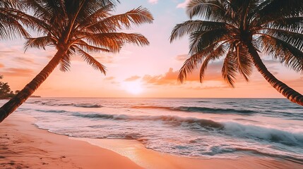 Idyllic sunset over tropical beach, two palm trees framing the vibrant sky and ocean waves.