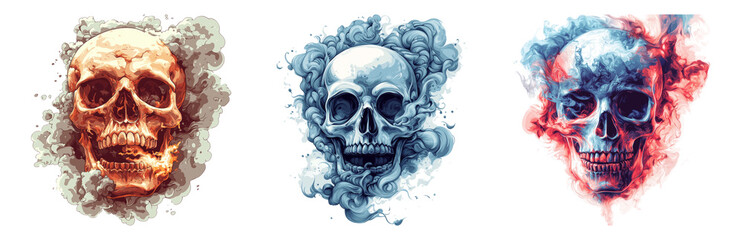 Artistic Skull Illustrations with  Smoke Effects Isolated on transparent background