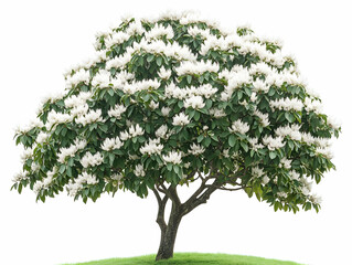 Stunning White Rhododendron Tree in Full Bloom - Realistic Botanical Image