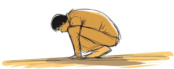 A person crouches in a thoughtful pose, suggesting introspection or meditation.