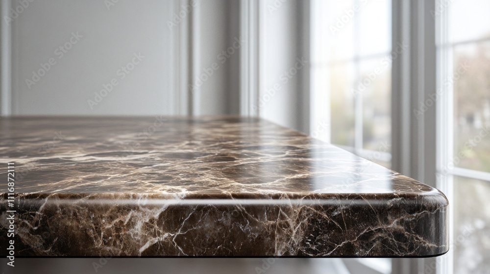 Poster luxurious marble countertop gleams under natural light, reflecting intricate patterns and colors. el