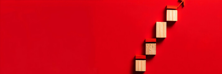 Obraz premium Red Background Illustration of Wooden Blocks Forming an Upward Trending Arrow