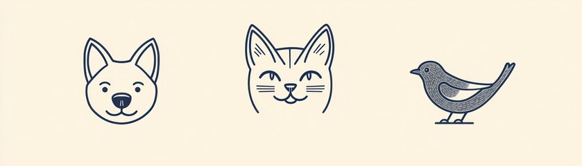 Obraz premium A simple illustration of a dog, cat, and bird, showcasing animal faces in a minimalist style.