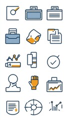 A collection of business-related icons illustrating various concepts like organization and analysis.