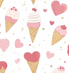 A seamless pattern of Valentine's Day sweets, such as ice cream cones and heart-shaped candies, illustrated in soft pastel tones on a white background
