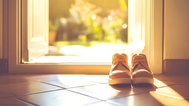 Child's beige shoes by open door, sunlight streaming in.