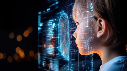 A child is looking at a computer screen with a face on it