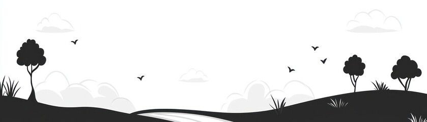 A minimalist landscape featuring trees, clouds, and birds, evoking tranquility and nature.