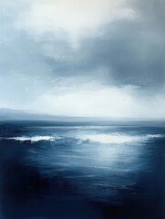 Fototapeta premium Impressionist Seascape Calm Ocean Soft Blue Gray Tones Natural Light Painting