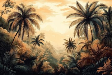 Tropical Jungle Vintage Botanical Illustration Wallpaper with Lush Palm Trees and Vibrant Flora
