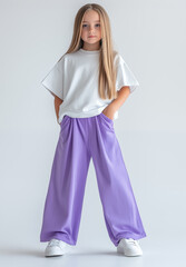 A cute girl wearing  a white tshirt. A full body shot. Mockup for kids design. White space, white background. Teen girl