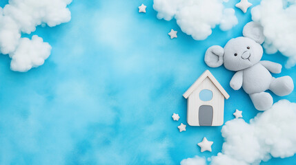 Baby Shower: A sweet and gentle baby shower background, featuring a plush gray mouse toy, a wooden house, and fluffy white clouds against a soft blue sky. Perfect for invitations, announcements.