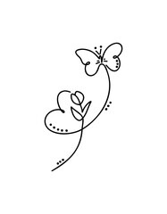 Minimalist line drawing of hearts and butterflies depicting love and nature in line art