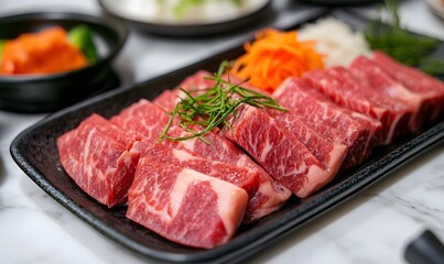 A plate of beef cut into small pieces, Generative AI 