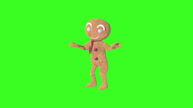Ginger Bread Man dansing on green 3d render loop 