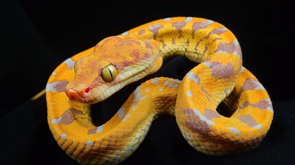 Fototapeta premium A vibrant orange snake with intricate patterns, coiled against a dark background.