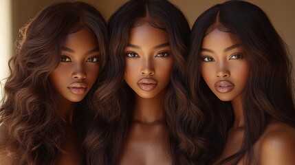 Fototapeta premium Three beautiful black women, all of whom have different hairstyles - curly, straight or wavy - are photographed in brown tights, the product of a wig company