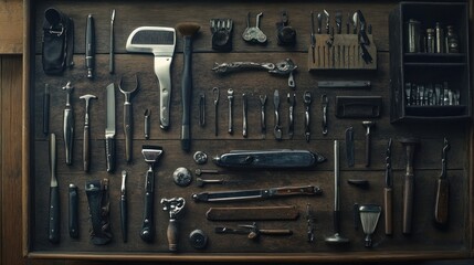 Fototapeta premium An assortment of vintage tools arranged on a wooden surface.