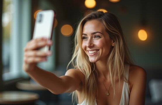 Beautiful Young Influencer Taking Selfie in Cozy Evening Interior. Curly-Haired Blogger Captures Content with Smartphone for Social Media in Warm Lighting.