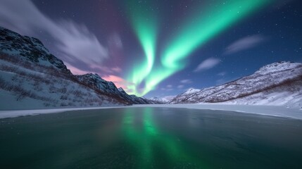 Breathtaking northern lights over frozen lake