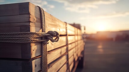 Obraz premium Close-up of stacked lumber secured with rope on a truck bed at sunset.