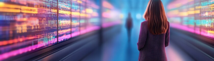 Woman Standing in Futuristic Corridor Surrounded by Colorful Digital Light Displays, Representing Technology and Innovation in a Modern Environment