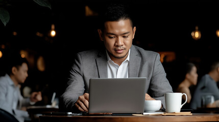 Businessman Working on Laptop in Modern Cafe Setting During Daytime