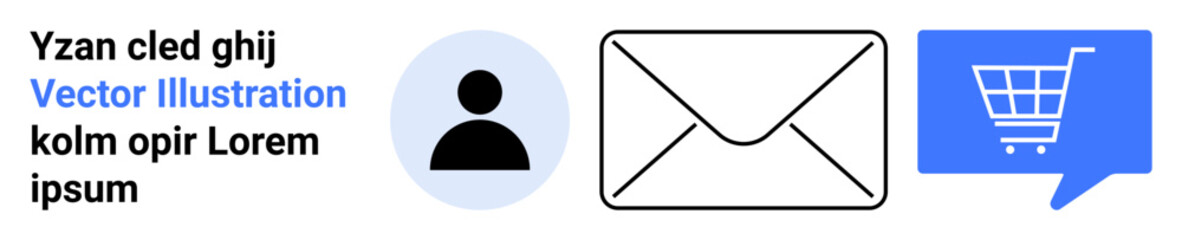 User profile icon, envelope email icon, shopping cart icon within a speech bubble. Ideal for online identity, messaging, e-commerce, web design, app interfaces, social media, digital marketing