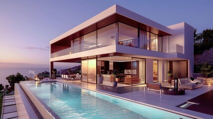 Fototapeta premium Modern luxury villa with infinity pool overlooking ocean at sunset.