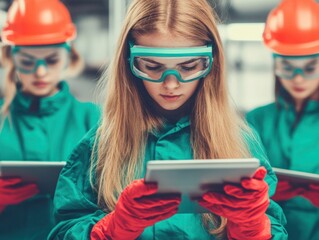 Young Female Engineers in Safety Gear Focused on Digital Tablets in an Industrial Setting, Emphasizing Technology and STEM Fields for Future Innovations