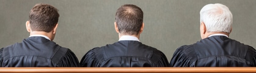 A Group of Judges in Robes Sitting in a Courtroom Displaying Their Profiles Against a Plain Background, Reflecting Justice, Authority, and Seriousness in Legal Proceedings