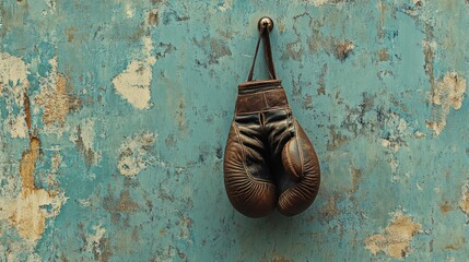 A vintage boxing glove hanging on a textured, peeling turquoise wall, evoking nostalgia.