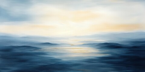 Obraz premium Impressionist Abstract Landscape Painting Soft Blue Gold Sunlight Horizon