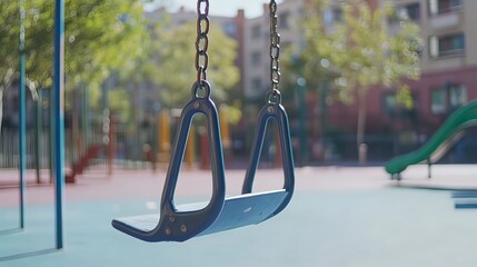 Empty swing set in a playground with blurred background of buildings and other play equipment on a sunny day.