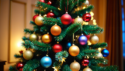 Festive Christmas tree with red and gold ornaments