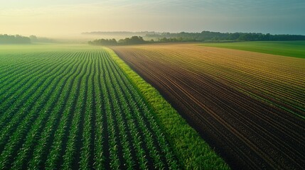 Aerial View of Lush Green Cornfield and Freshly Plowed Farmland at Sunrise with Misty Horizon and Clear Sky