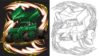 Outline green and painted racing car. Isolated in black background, for t-shirt design, print, and for business purposes.