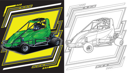 Outline green and painted racing car. Isolated in black background, for t-shirt design, print, and for business purposes.