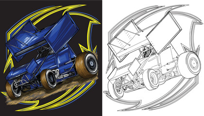 Outline blue and painted racing car. Isolated in white background, for t-shirt design, print, and for business purposes.