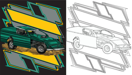 Outline green and painted racing car. Isolated in white background, for t-shirt design, print, and for business purposes.