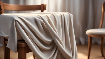 Draped fabric on wooden chair, sunlight.