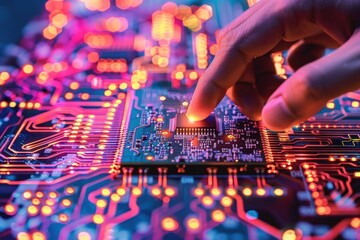 Obraz premium A hand is pointing at a computer chip