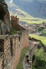 Fototapeta premium Ancient fortress walls with scenic views of a nearby village