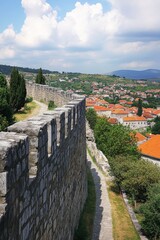 Fototapeta premium Ancient fortress walls with scenic views of a nearby village