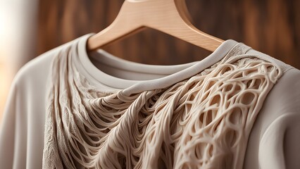 Obraz premium Beige sweater with unique cutout detail hanging on wooden hanger.